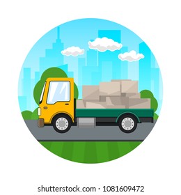 Small Truck with Boxes on the Background of the City, Transport Services and Logistics,Icon of Shipping and Freight of Goods, Vector Illustration