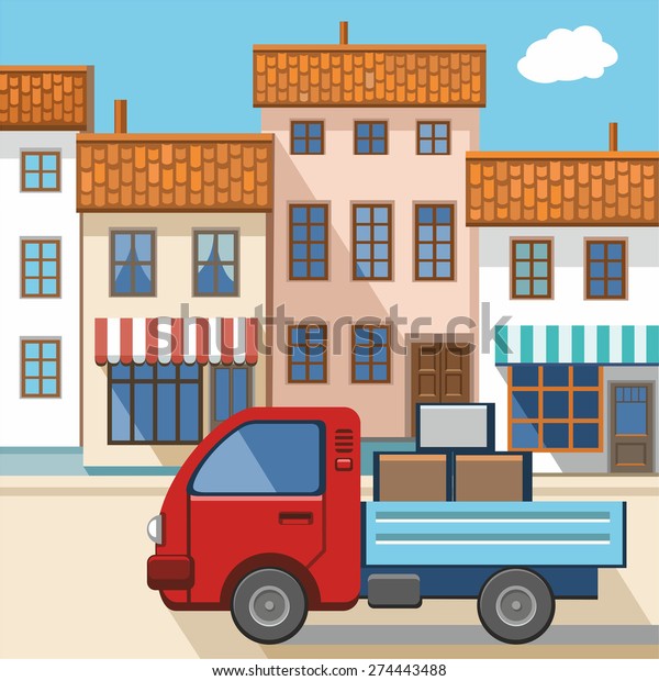  A small truck in the city.  Color vector\
illustration with the image of a small truck coming down the street\
in a small European city. 