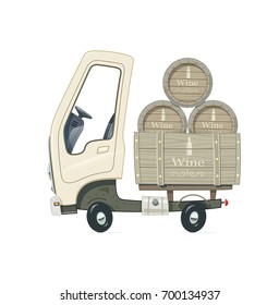 Small Truck for delivery wine barrel. Lorry with wooden cask. Cartoon auto. Transport. Isolated white background. Vector illustration.