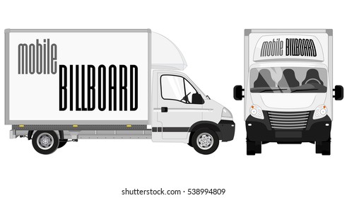 Small truck, front view and side view. Cargo delivery. Solid and Flat color design. White truck car for transportation. Corporate identity.