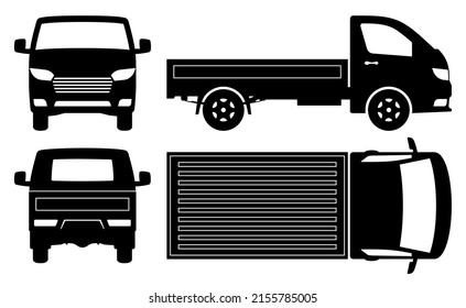Small truck silhouette on white background. Vehicle icons set view from side, front, back, and top