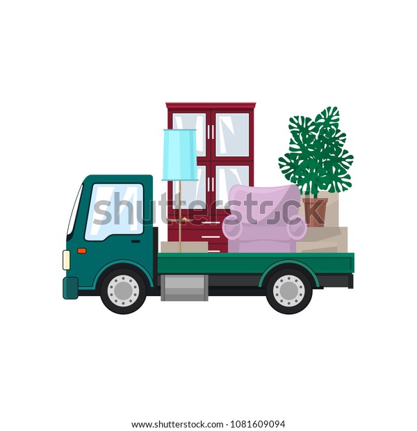 Small Truck is\
Transporting Furniture, Isolated on a White Background, Delivery\
Services, Vector\
Illustration
