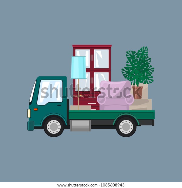 Small Truck is\
Transporting Furniture, Isolated on a Gray Background, Delivery\
Services, Vector\
Illustration