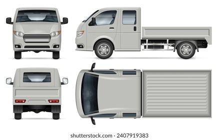 Pequeña maqueta vectorial de camión sobre fondo blanco para marca de vehículos, identidad corporativa. Vista desde un lado, frente, atrás, arriba. Todos los elementos de los grupos en capas separadas para una edición y un recolector fáciles