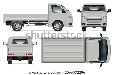 Small truck vector mockup on white background for vehicle branding, corporate identity. View from side, front, back, top. All elements in the groups on separate layers for easy editing and recolor