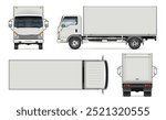 Small truck vector mockup in white for vehicle branding, corporate identity. View from the side, front, back, top. All elements in the groups are in separate layers for easy editing and recolor.