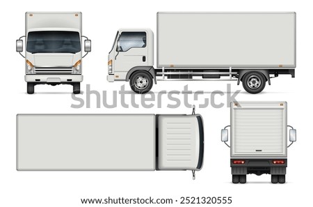 Small truck vector mockup in white for vehicle branding, corporate identity. View from the side, front, back, top. All elements in the groups are in separate layers for easy editing and recolor.