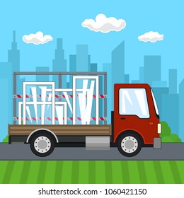 Small Truck with Windows on the Background of the City, Transport Services and Logistics, Shipping and Freight of Goods, Vector Illustration