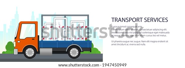 Small truck with windows on the\
background of the city, banner of transport services and logistics,\
shipping and freight of goods, vector\
illustration