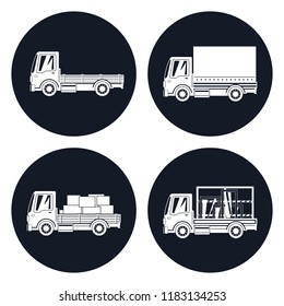 Small Trucks with Different Loads Icons, Empty and Covered Trucks, Lorries with Boxes and Windows, Delivery Services, Transport Services and Logistics, Vector Illustration