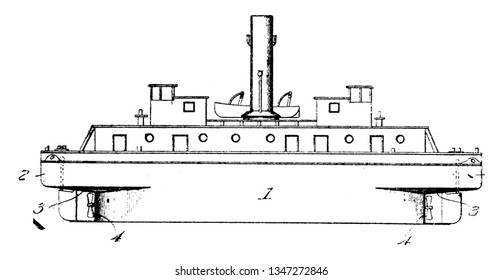 Small Tugboat ist ein mächtiges kleines Boot, das dazu entwickelt wurde, größere Schiffe zu ziehen oder zu schieben, Vintage-Linie Zeichnung oder Gravur-Illustration.