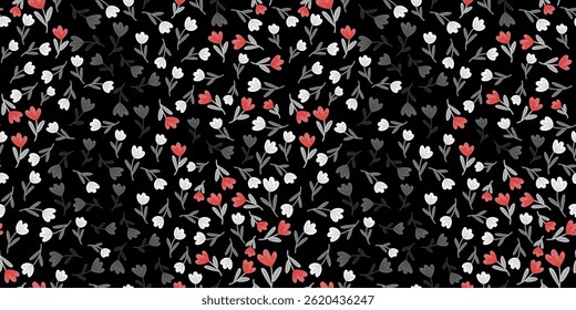 Small tulip flowers in red, white, and gray tones on black background. Seamless pattern design for textile, wrapping, and print. Ideal for spring themes, romantic decor, and fashion products.