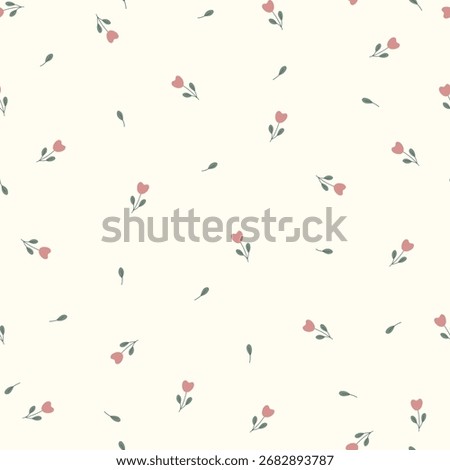 Small tulips and leaves on white background, seamless pattern. Vector illustration with flowers for wrapping paper, fabric.