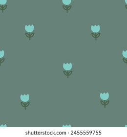 Small tulips on green background, seamless pattern. Vector