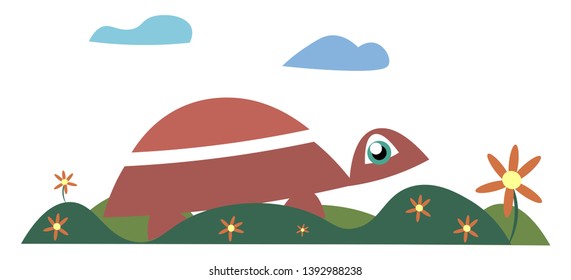 A small turtle on green lawn with lots of flowers on it vector color drawing or illustration