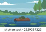Small turtle resting on a brown log inside a calm pond with floating green lily pads under a bright sky with fluffy white clouds overhead.