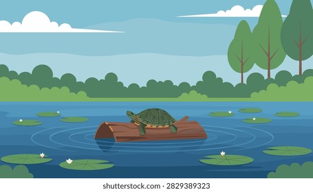 Small turtle resting on a brown log inside a calm pond with floating green lily pads under a bright sky with fluffy white clouds overhead.