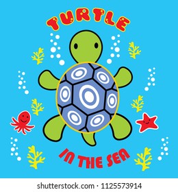 small turtle in the sea, cartoon vector illustration