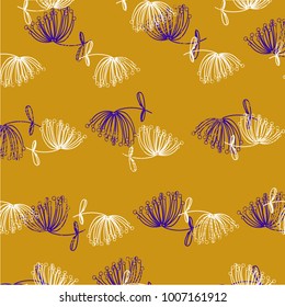 small twigs with berries, with seeds, mountain ash, bunches on a yellow background. seamless pattern. Freehand drawing vector design.
