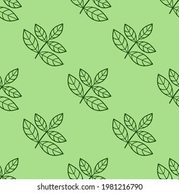 Small twigs with leaves on green. Seamless pattern, stylization. Background for fabric and other surfaces. Vector illustration
