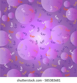 Small  twigs with seeds, buds on pink purple background with pink bubbles. pattern. Freehand drawing vector design.
