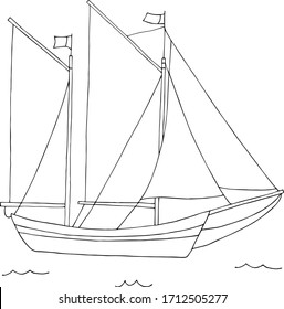 Small two-masted ship at sea coloring. Black and white vector hand draw illustration EPS10