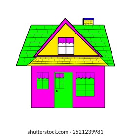 Una Pequeña casa de dos pisos con cortinas y una chimenea.