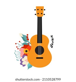 Small ukulele guitar with flowers and leaves. Hand drawn style vector illustration.