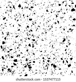 Small uneven spots and particles of debris. Abstract vector texture.  Distressed uneven background. Grunge texture overlay with fine grains isolated on white background. Vector illustration. EPS10.