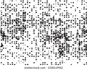 Small uneven spots and particles of debris. Abstract vector texture.  Distressed uneven background. Grunge texture overlay with fine grains isolated on white background. Vector illustration. EPS10.