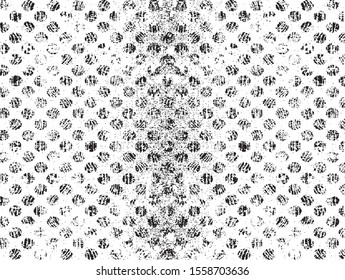 Small uneven spots and particles of debris. Abstract vector texture.  Distressed uneven background. Grunge texture overlay with fine grains isolated on white background. Vector illustration. EPS10.