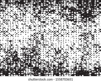 Small uneven spots and particles of debris. Abstract vector texture.  Distressed uneven background. Grunge texture overlay with fine grains isolated on white background. Vector illustration. EPS10.