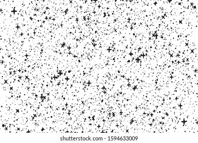 Small uneven spots and particles of debris. Abstract vector texture.  Distressed uneven background. Grunge texture overlay with fine grains isolated on white background. Vector illustration. EPS10.
