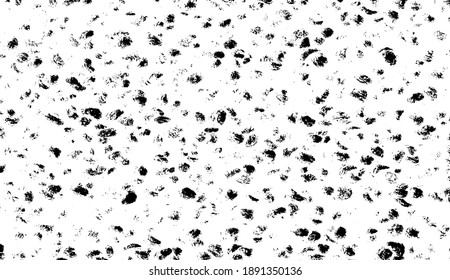 Small uneven spots and particles of debris. Abstract vector texture.  Distressed uneven background. Grunge texture overlay with fine grains isolated on white background. Vector illustration. EPS10.