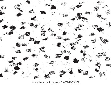 Small uneven spots and particles of debris. Abstract vector texture.  Distressed uneven background. Grunge texture overlay with fine grains isolated on white background. Vector illustration. EPS10.