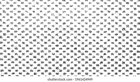 Small uneven spots and particles of debris. Abstract vector texture.  Distressed uneven background. Grunge texture overlay with fine grains isolated on white background. Vector illustration. EPS10.