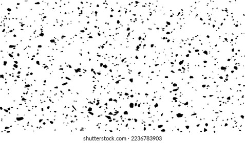 Small uneven spots and particles of debris. Abstract vector texture.  Distressed uneven background. Grunge texture overlay with fine grains isolated on white background. Vector illustration. EPS10.