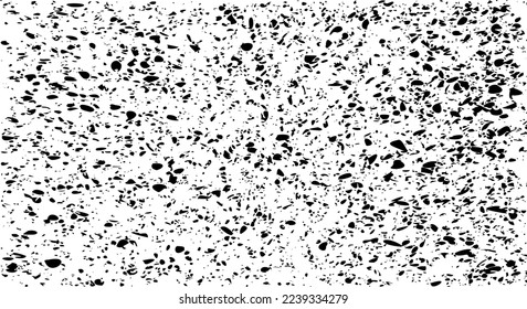 Pequeñas manchas y partículas desiguales de los escombros. Textura de vector abstracta.  Antecedentes desiguales. Superposición de textura gruesa con granos finos aislados sobre fondo blanco. Ilustración vectorial. EPS10.