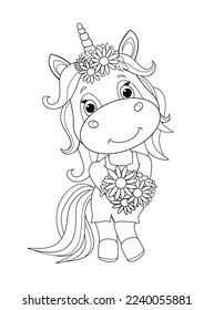 A small unicorn with a bouquet of flowers in black lines on a white background. Coloring little baby unicorn.