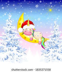 A small unicorn, dressed in a Santa hat, sleeps on the moon, against the backdrop of a winter forest.