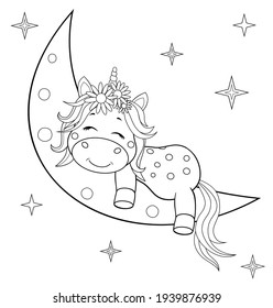 A small unicorn with a mane and tail sleeps on the moon. Sketch in contours for coloring.