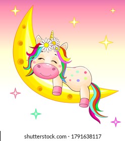 A small unicorn with a multicolored mane and tail sleeps on the moon.