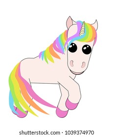 A small unicorn with rainbow-colored hair stands sideways