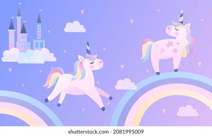 Small unicorns background. Bright banners and posters for children. Cute animals. Fictional world, fairy tales. Graphic elements for printing on baby clothes. Cartoon flat vector illustration