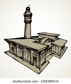 Small urban airfield port observation house on white field. Freehand outline black ink hand drawn jet avia trip aerodrome gate design logo sign in modern doodle cartoon style pen on paper text space