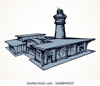 Small urban airfield port observation house on white field. Freehand outline black ink hand drawn jet avia trip aerodrome gate design logo sign in modern doodle cartoon style pen on paper text space