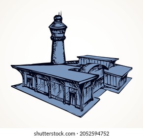 Small urban airfield port observation house on white field. Freehand outline black ink hand drawn jet avia trip aerodrome gate design logo sign in modern doodle cartoon style pen on paper text space
