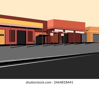 Small urban city street, storefront vector illustration, restaurant cafe or store building on town street landscape, shop front view.
