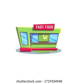 Small urban retail shop with takeout food isolated fastfood store. Vector fast-food restaurant exterior, street food local store, shop selling takeaway dishes flat style design icon