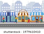 Small urban street with shops vector flat illustration. People go from the store with purchases. Old-fashioned shop facades against the backdrop of big city. Shopping street in european town.